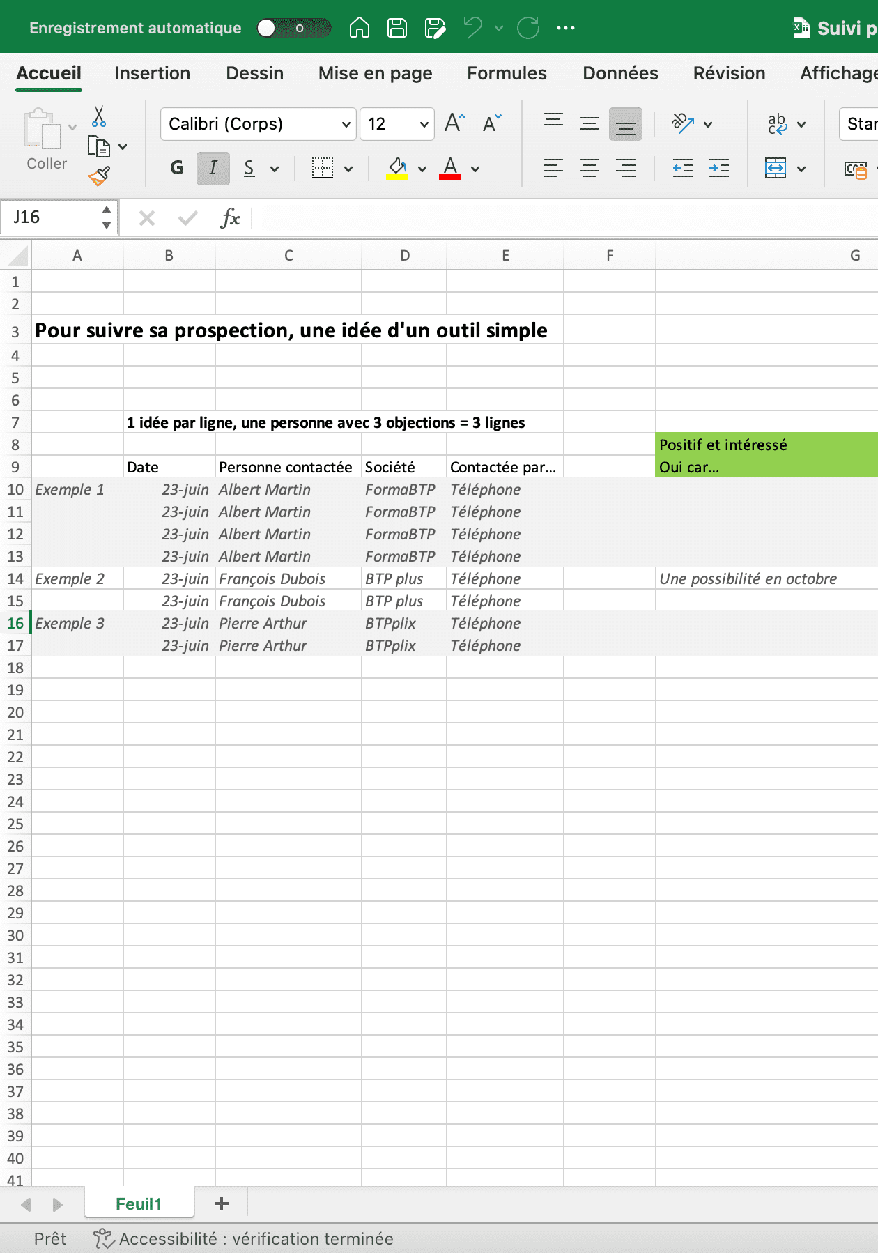 Suivi excel pour les documents de prospection